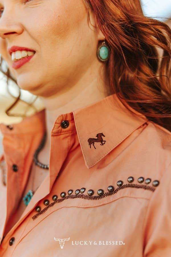 Peach Studded Contrast Embroidered Puff Button Down Shirt