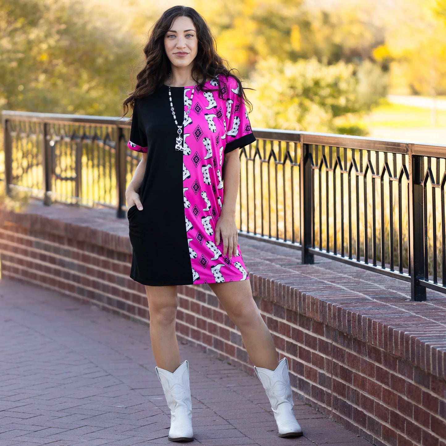 Western Color Block Dress with Pockets
