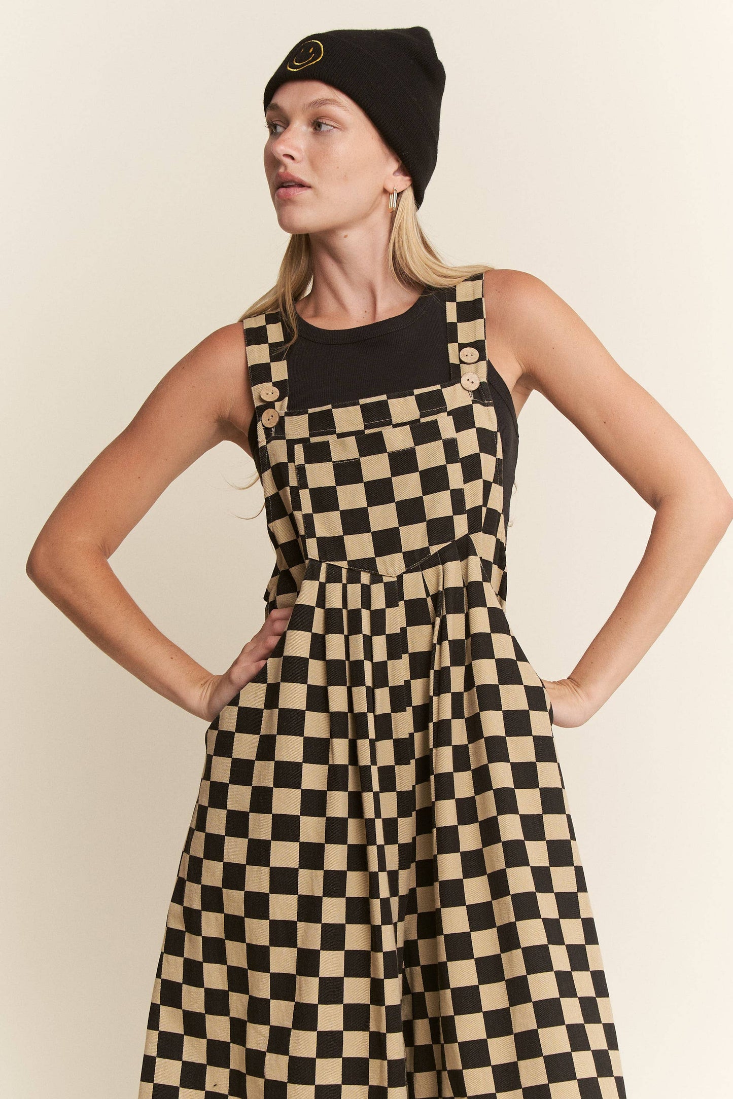 CHECKERED WIDE LEG OVERALLS: MOCHA/BLACK