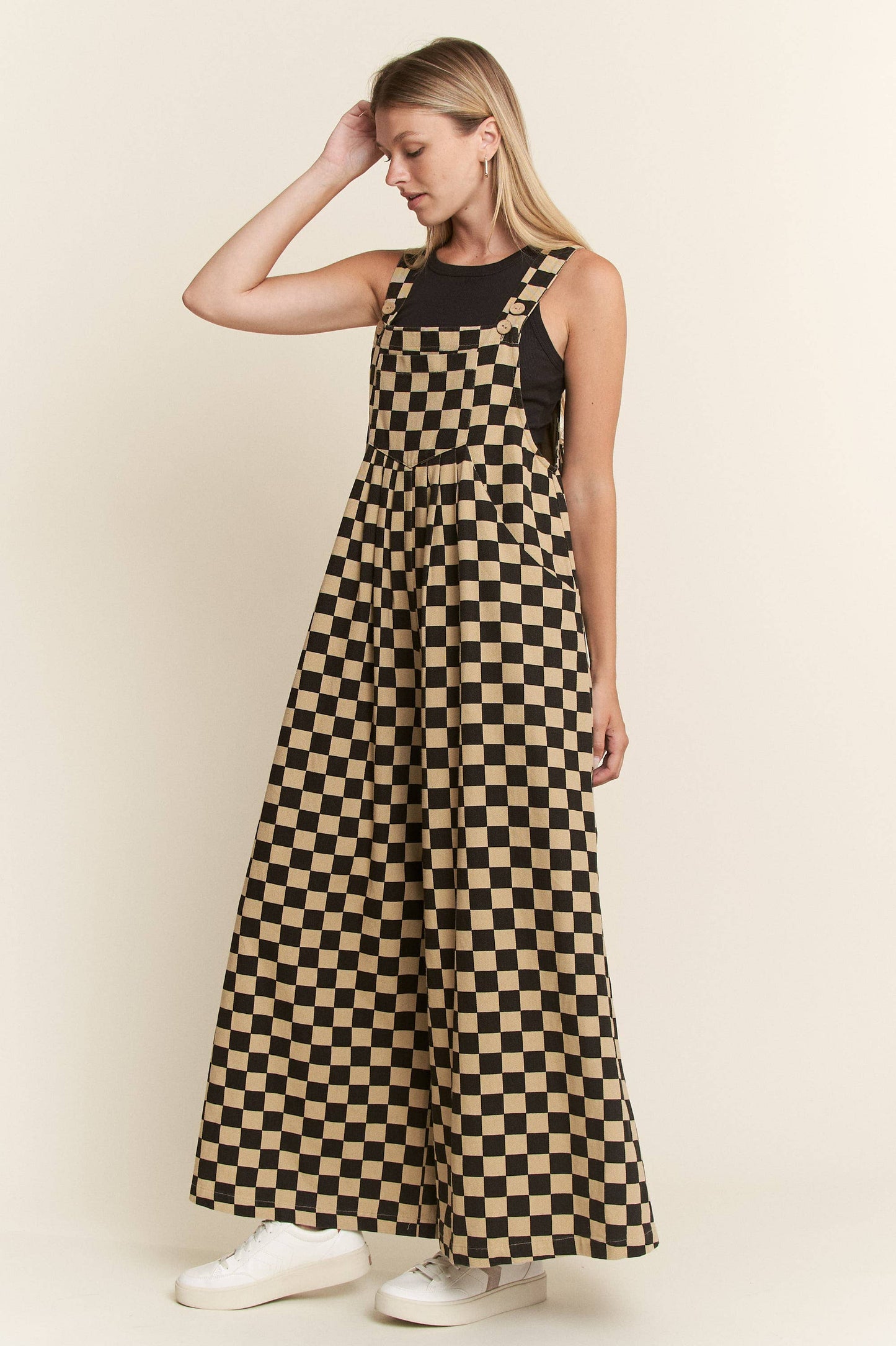 CHECKERED WIDE LEG OVERALLS: MOCHA/BLACK