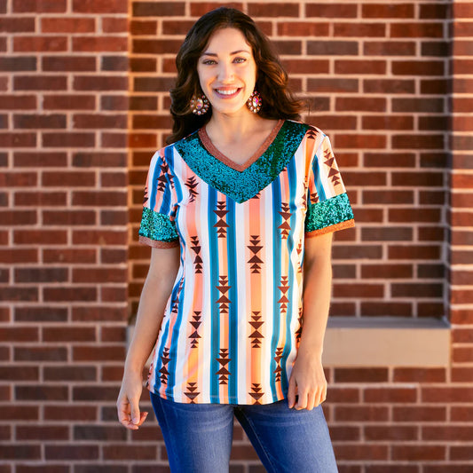 Striped Geometric Print Top with Sequin Sleeves