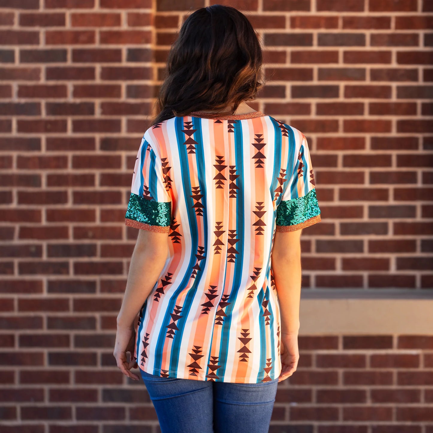 Striped Geometric Print Top with Sequin Sleeves