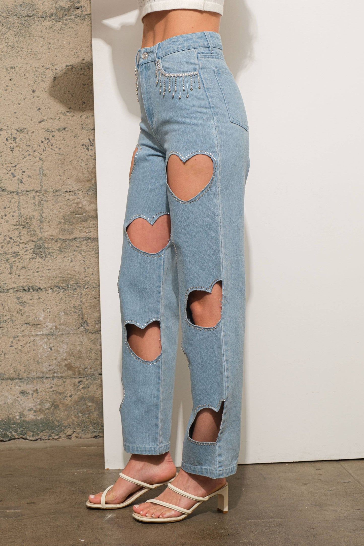 22803P -Rhinestone Fringe Denim Jeans: LIGHT WASH