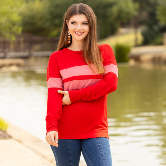 COLOR BLOCK LONG SLEEVE STRIPED TOP