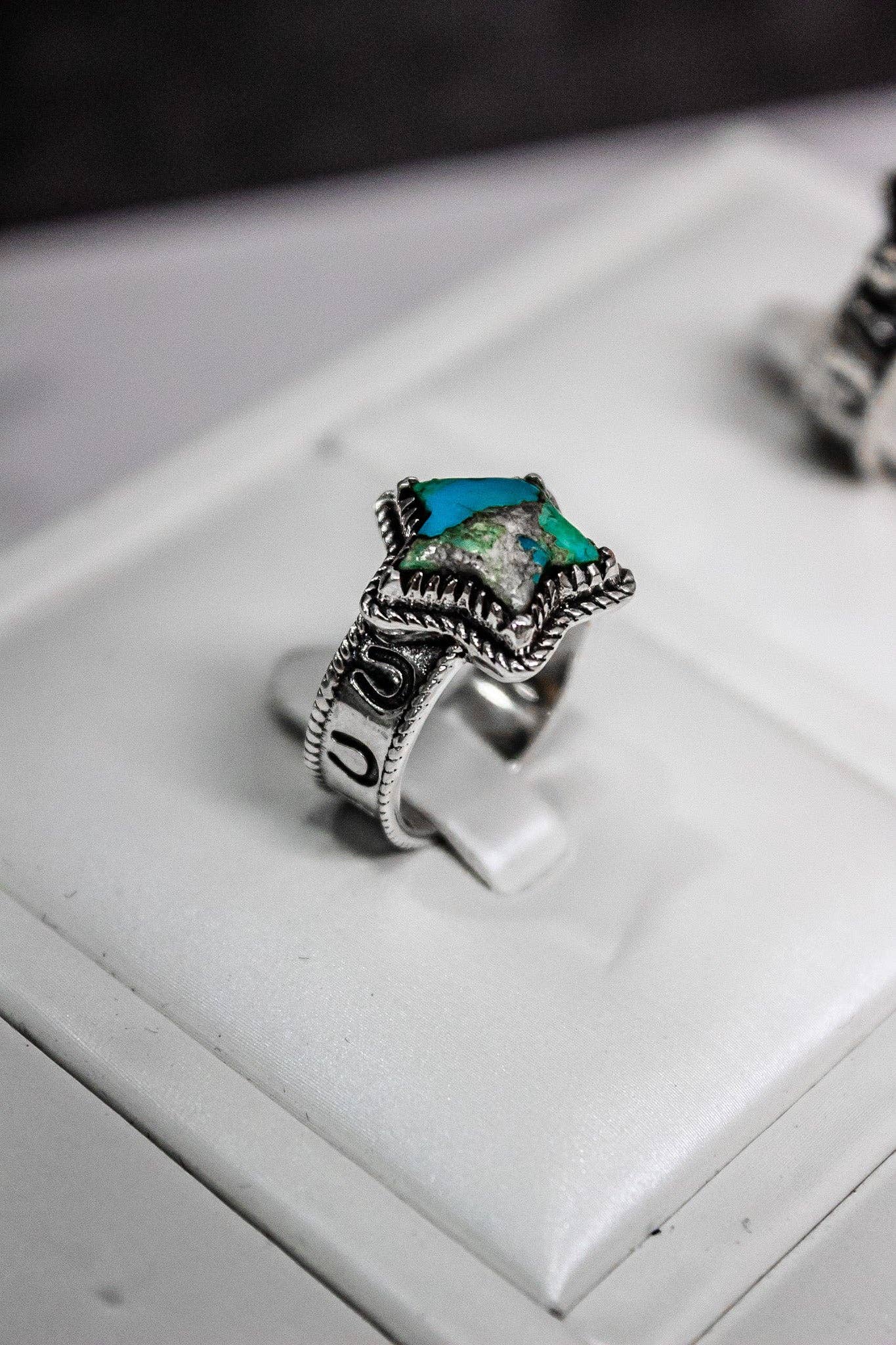 Starry Stamped Sterling Ring: Kingman Turquoise / 7