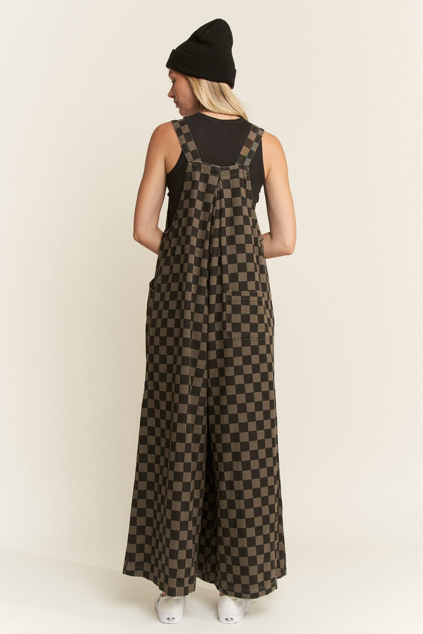 CHECKERED WIDE LEG OVERALLS: MOCHA/BLACK