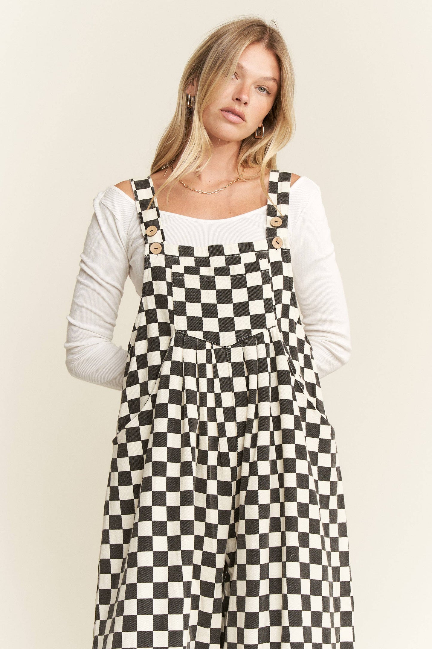 CHECKERED WIDE LEG OVERALLS: MOCHA/BLACK