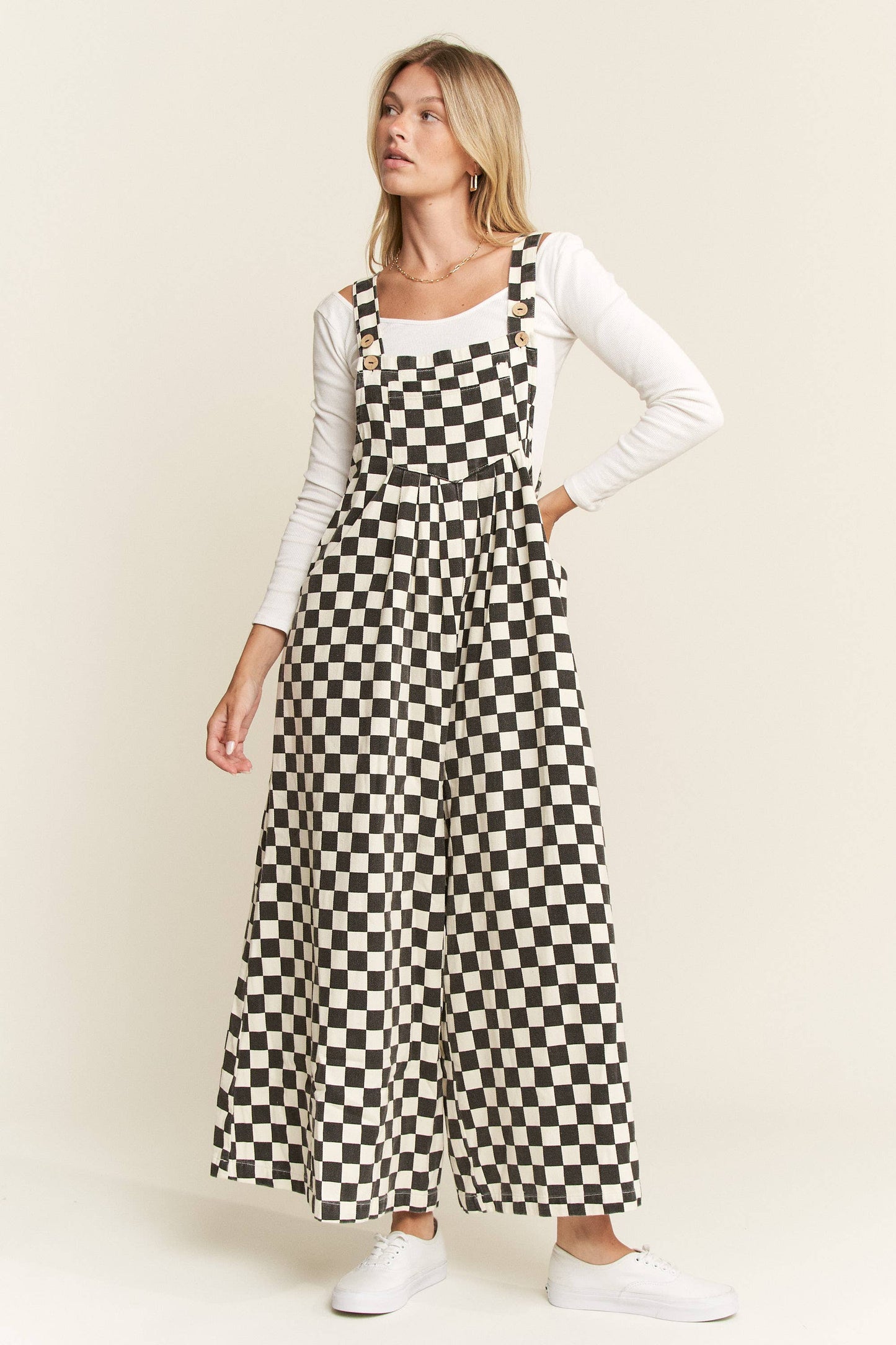 CHECKERED WIDE LEG OVERALLS: MOCHA/BLACK