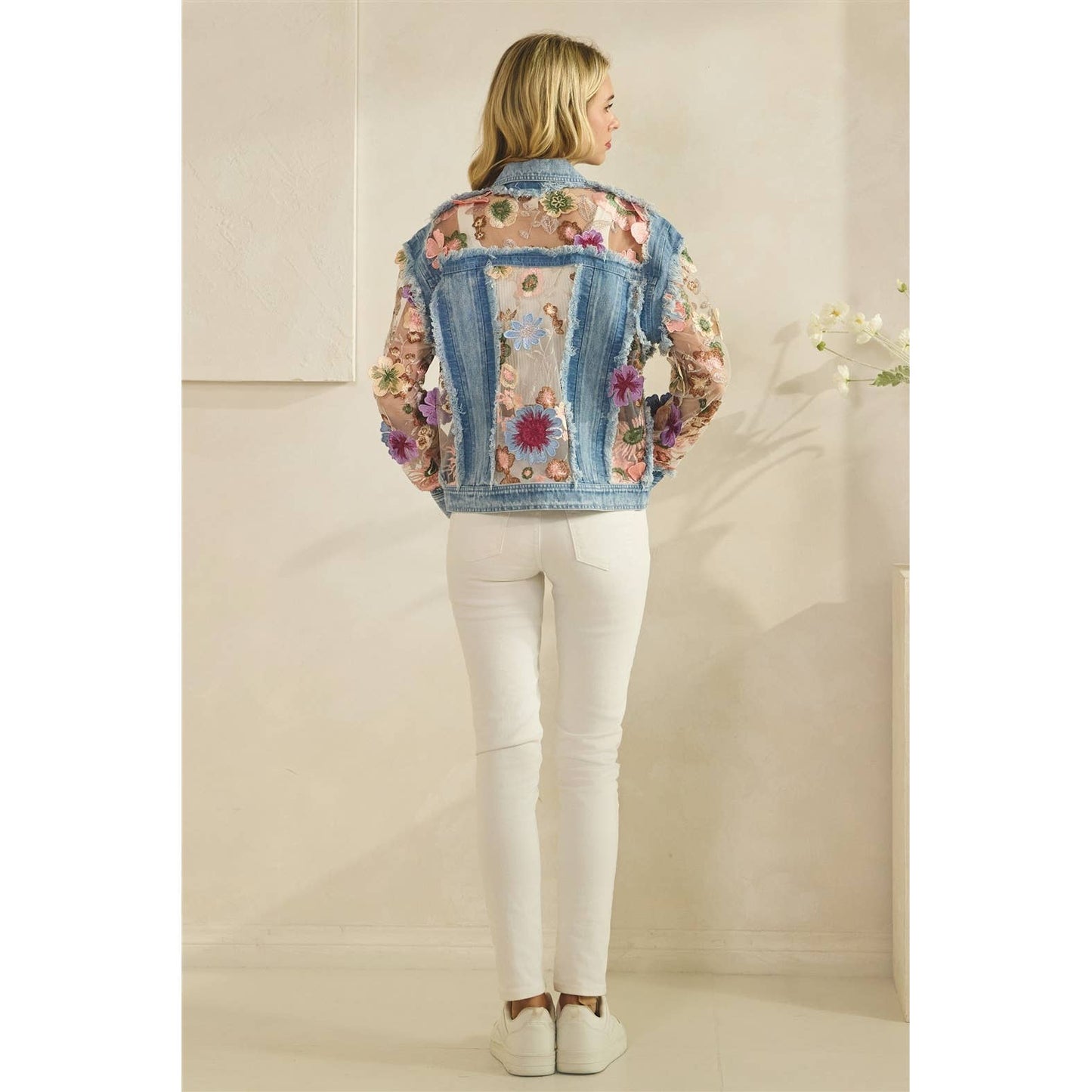 Denim Jacket with Floral Organza Inset