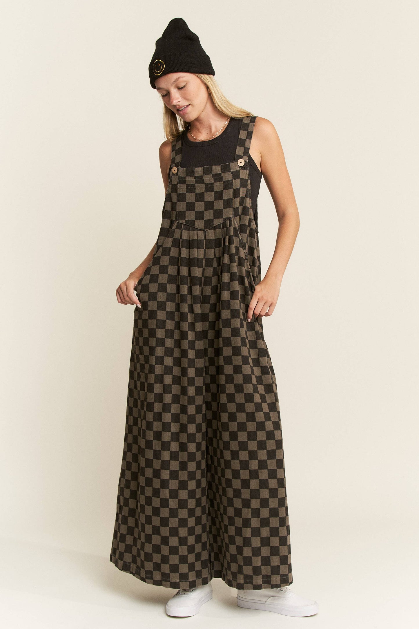 CHECKERED WIDE LEG OVERALLS: MOCHA/BLACK