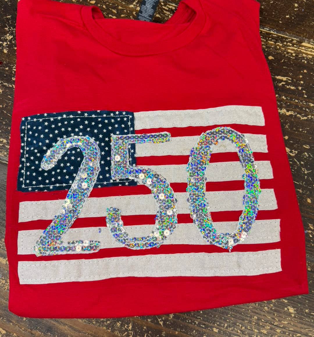 American 250 Flag, America Graphic Tee -Sequins and Fabric: Red / Crewneck / S