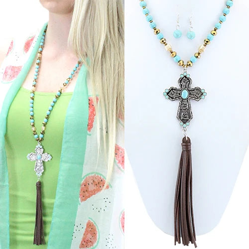 32" Beaded Cross Necklace with Earrings