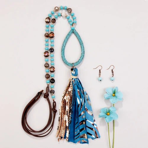 32" Beaded Turquoise Necklace with Earrings