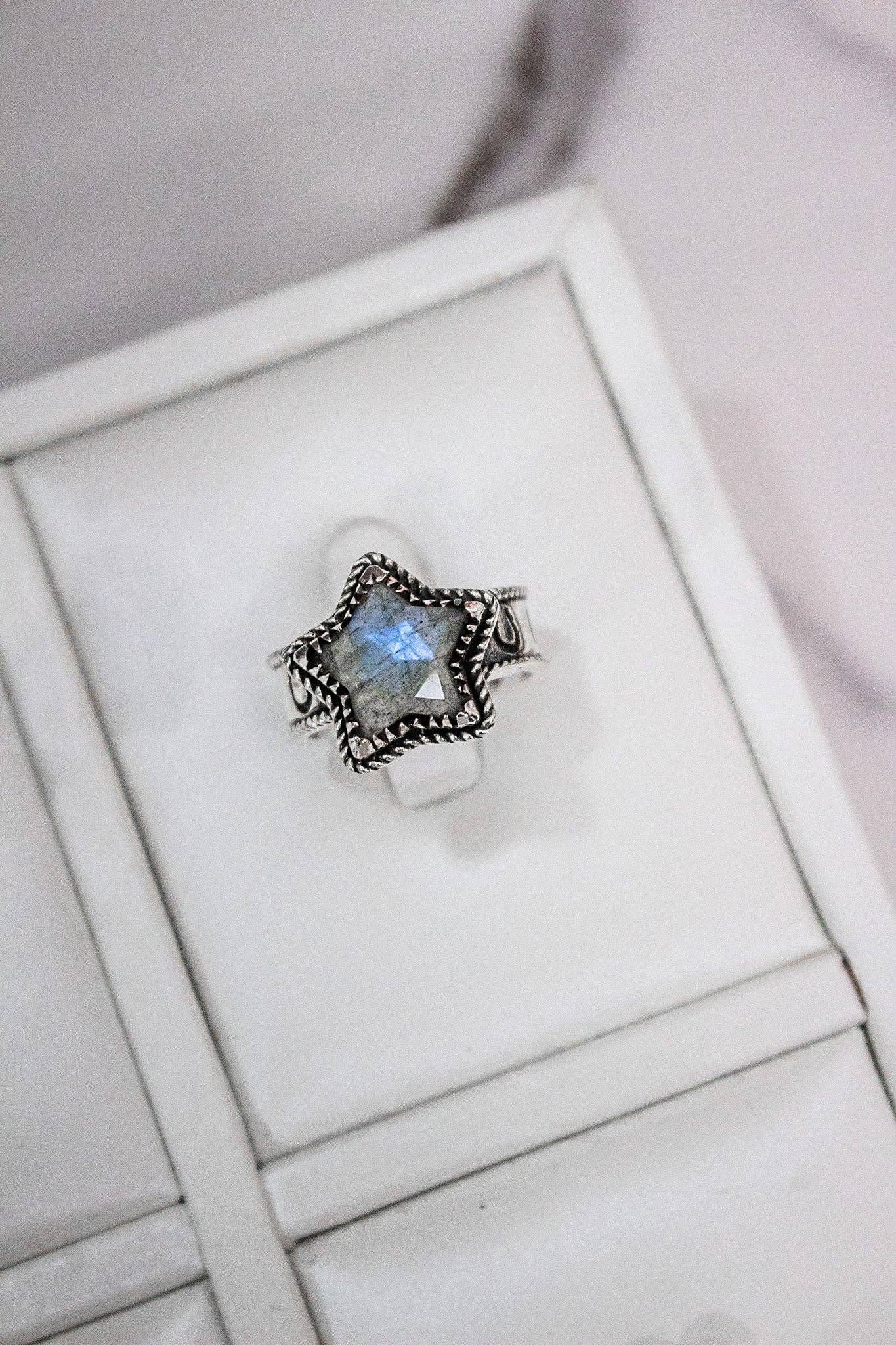 Starry Stamped Sterling Ring: Kingman Turquoise / 7