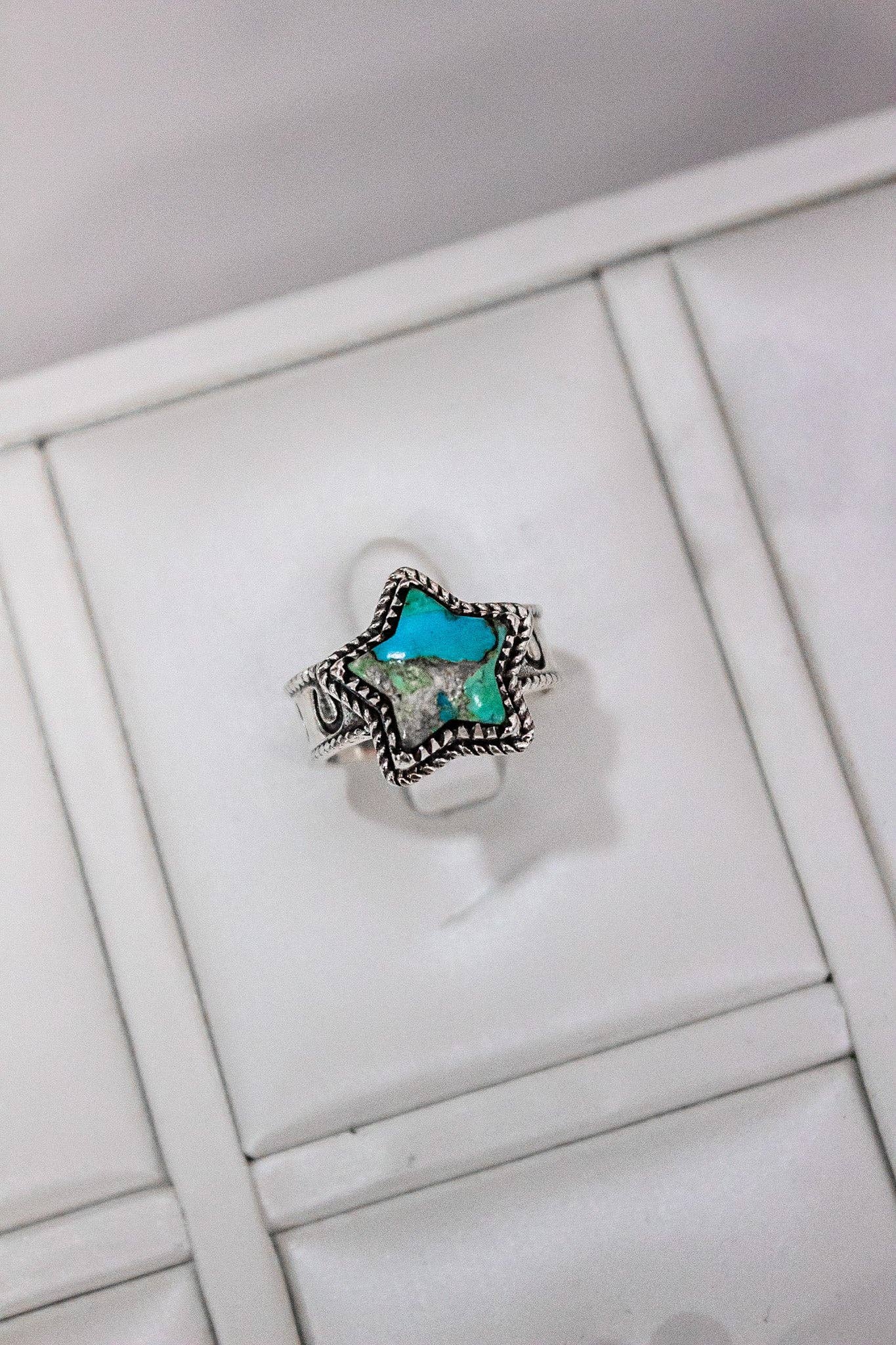 Starry Stamped Sterling Ring: Kingman Turquoise / 7