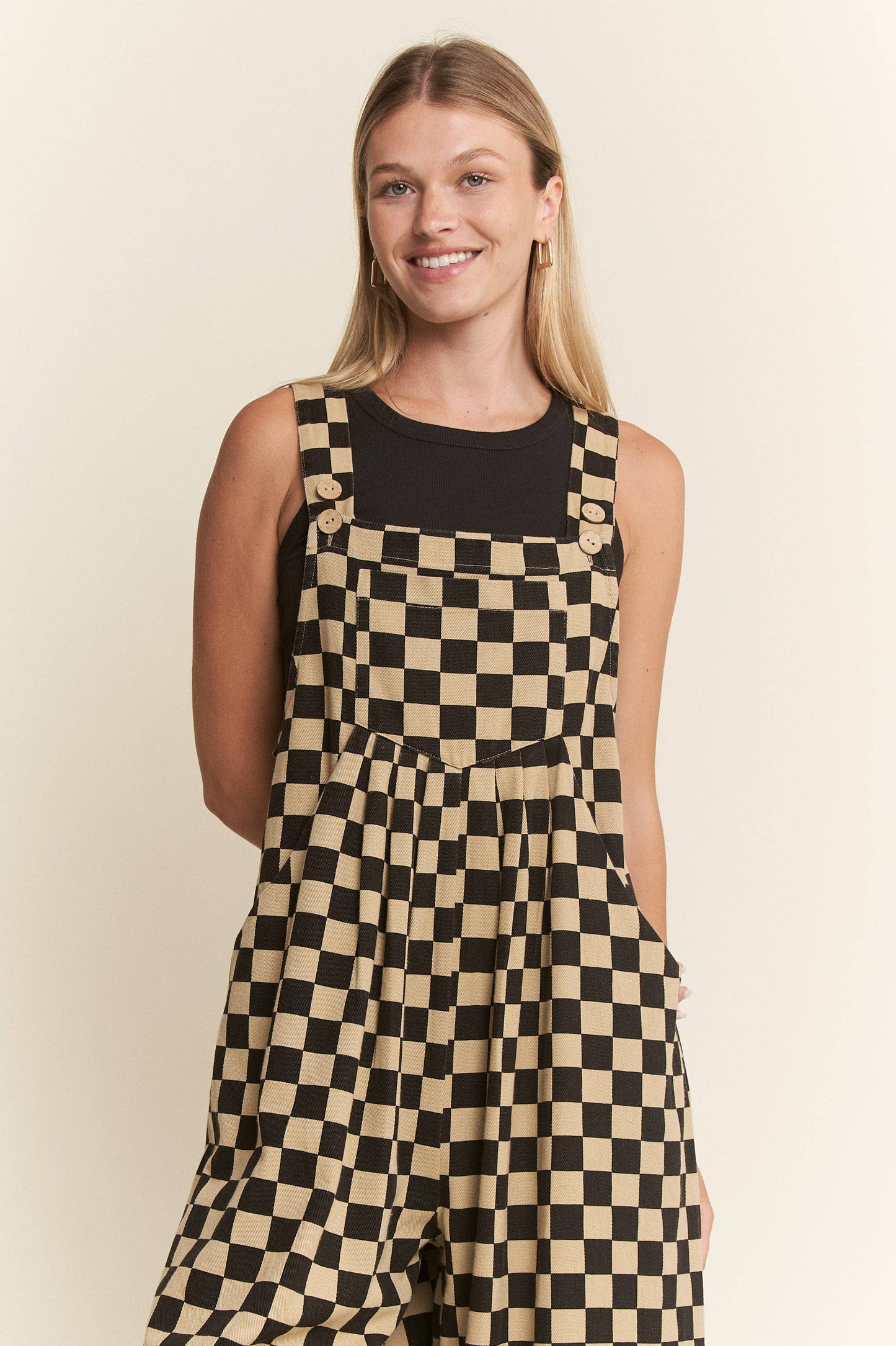 CHECKERED WIDE LEG OVERALLS: MOCHA/BLACK