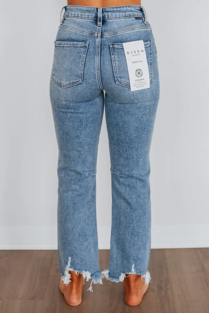 HIGH RISE CROP STRAIGHT DISTRESSED HEM JEANS 5621