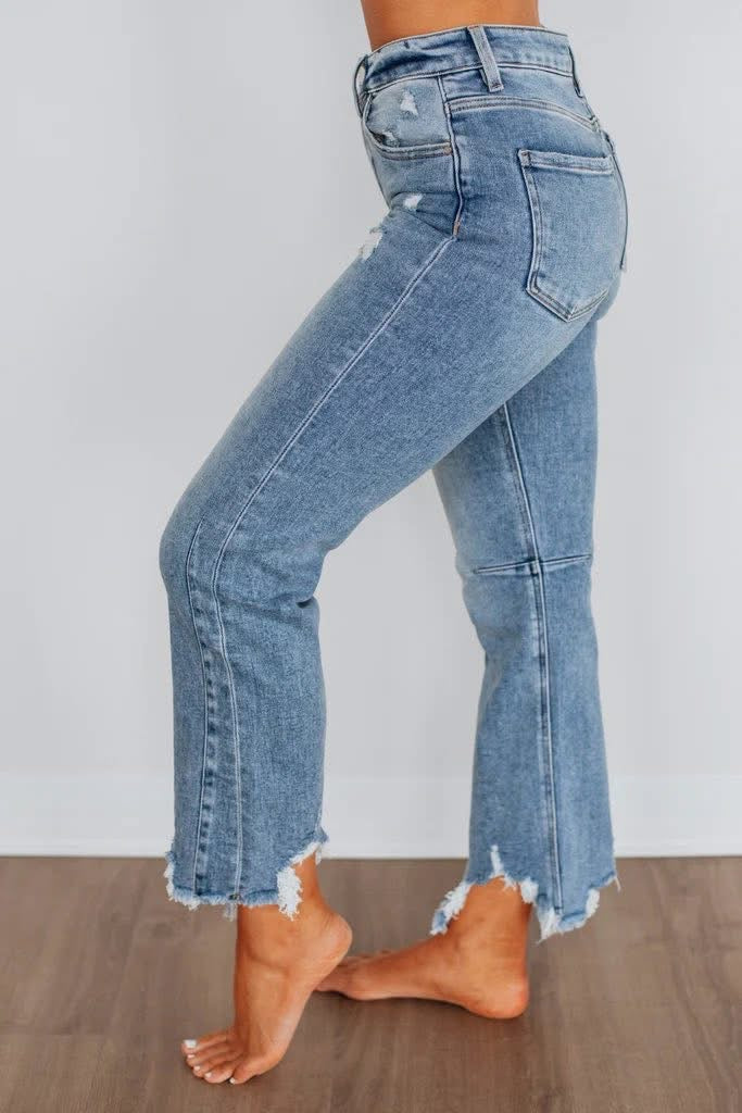 HIGH RISE CROP STRAIGHT DISTRESSED HEM JEANS 5621