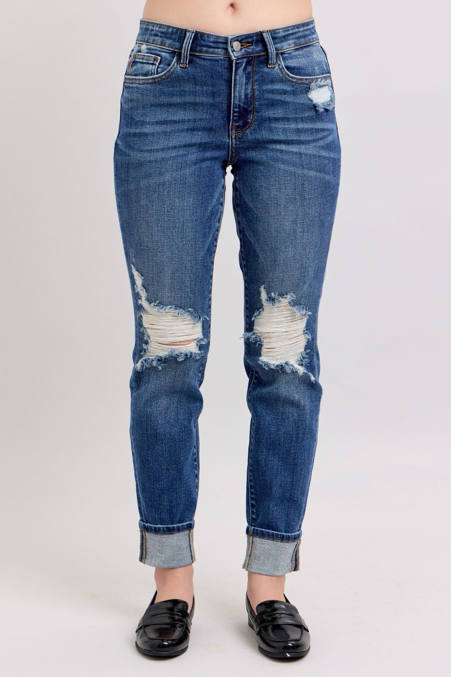 JUDY BLUE DISTRESSED & CUFFED BOYFRIEND JEANS