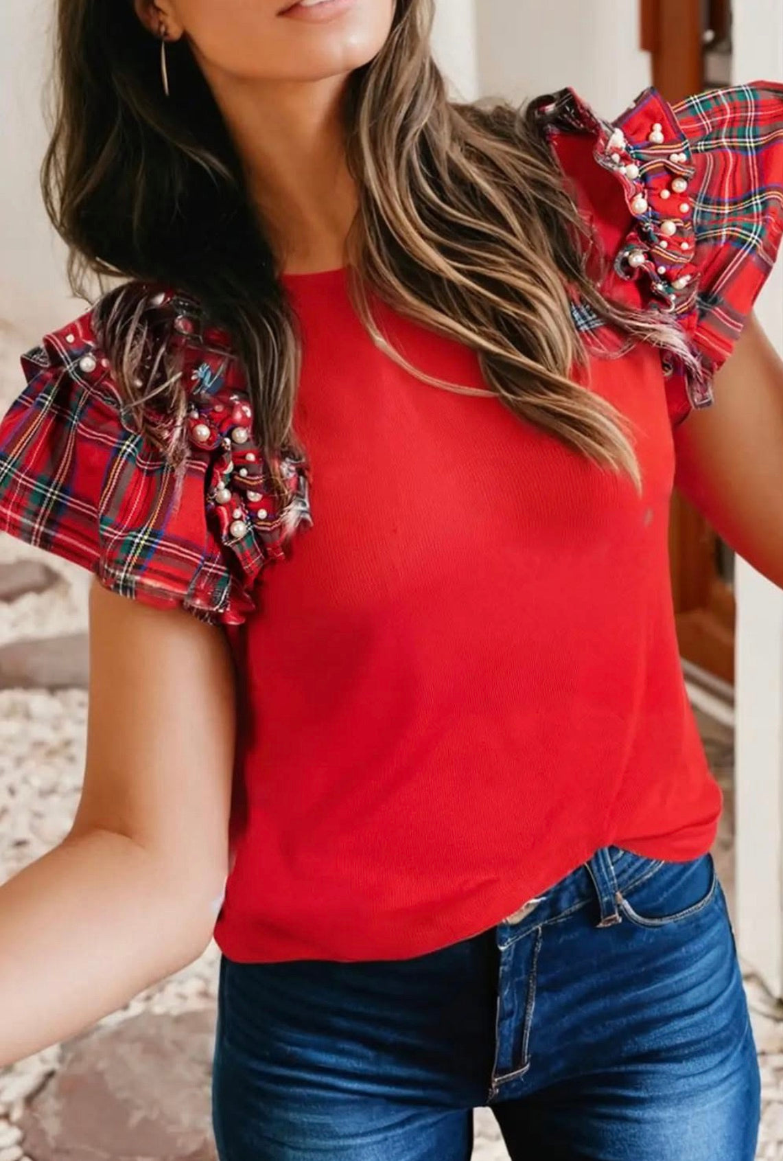 Plaid Pearl Ruffle Short Sleeve
