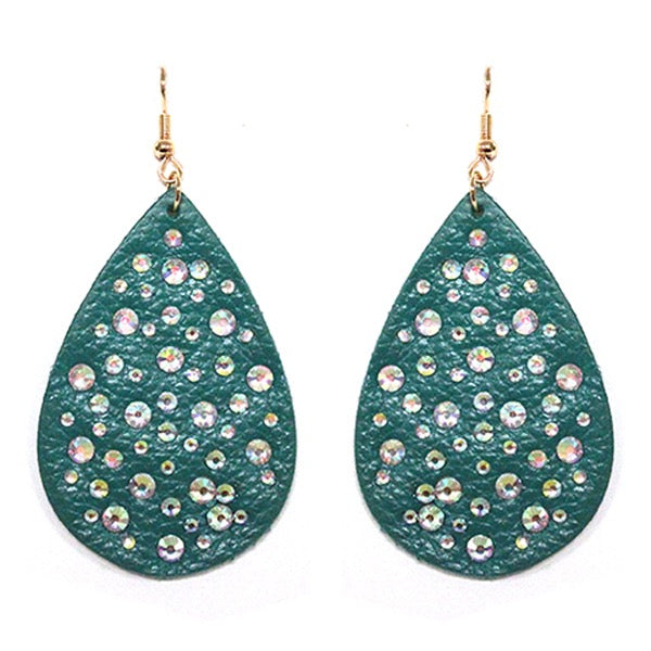 GENUINE LEATHER W/AB STONE EARRINGS - TEAL