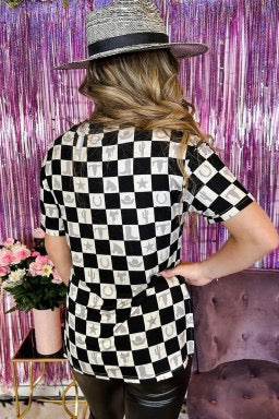 Black Checkerboard Print Side Split T Shirt