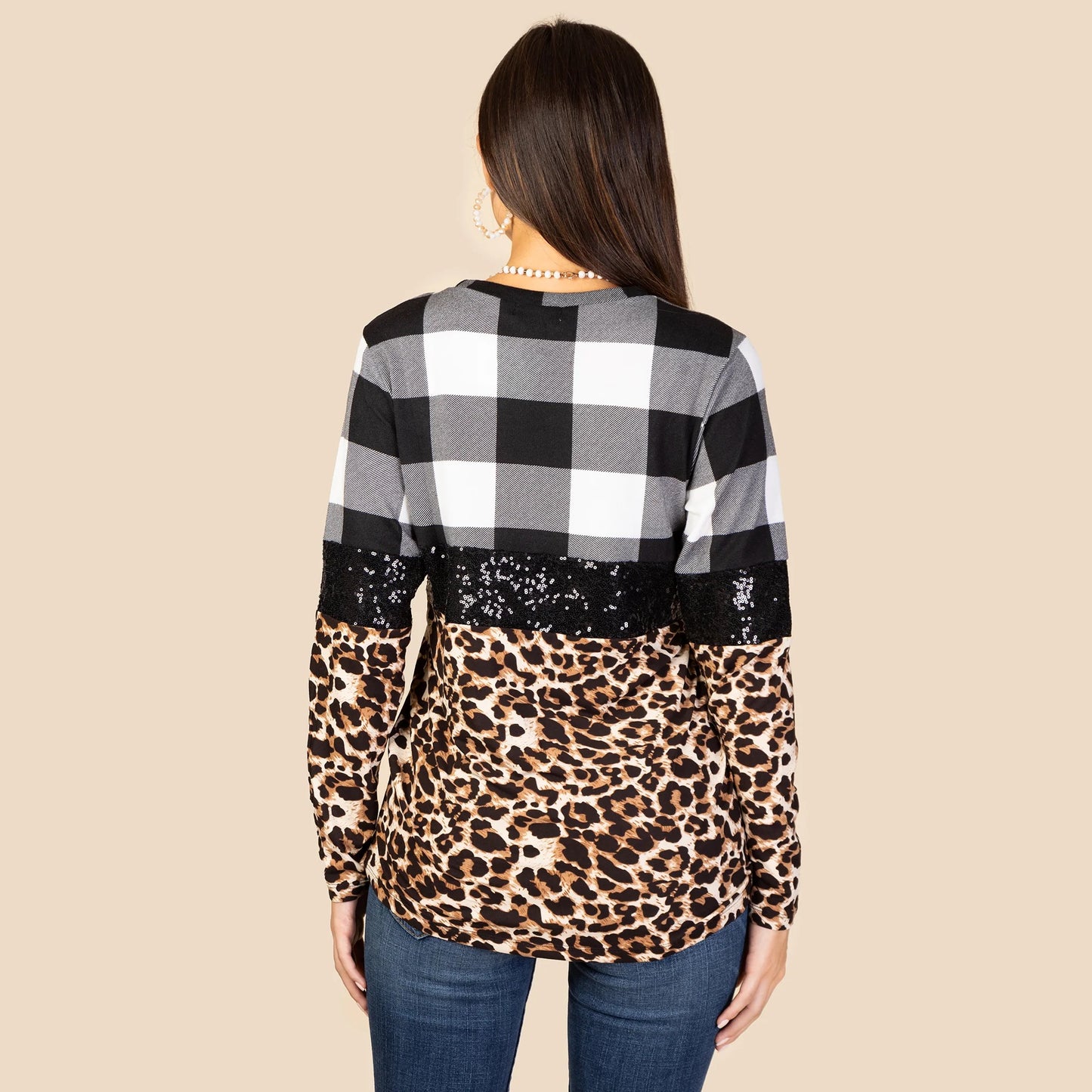 Plaid and Leopard Sequin Long Sleeve Top