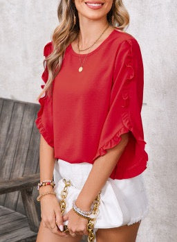 Fiery Red Frill Trim Plain Tulip Sleeve Blouse