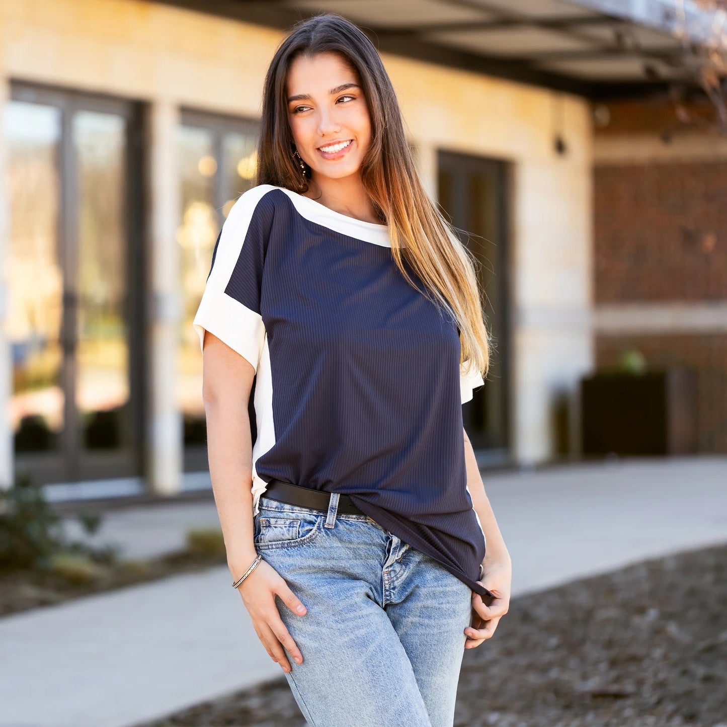 Color Block Short Sleeve Top with Slits