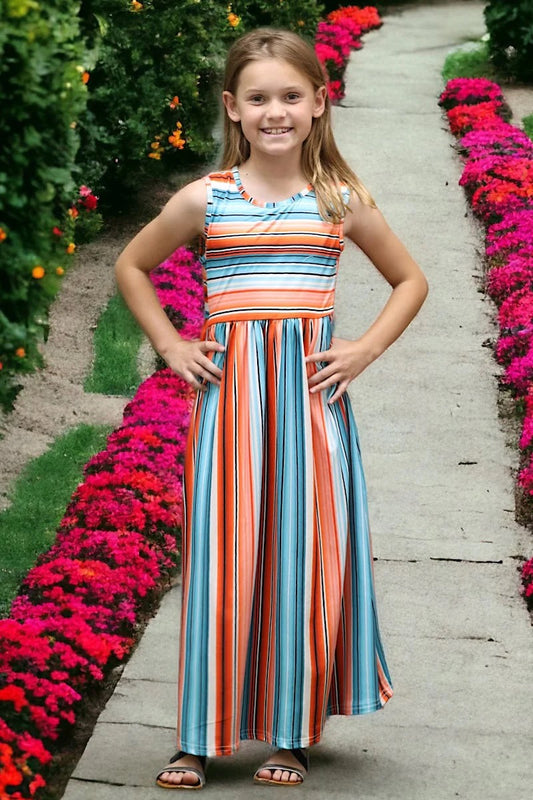TURQUOISE & ORANGE SERAPE PRINTED MAXI DRESS