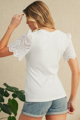 White Eyelet Pattern Puff Sleeve Patchwork Ribbed Top