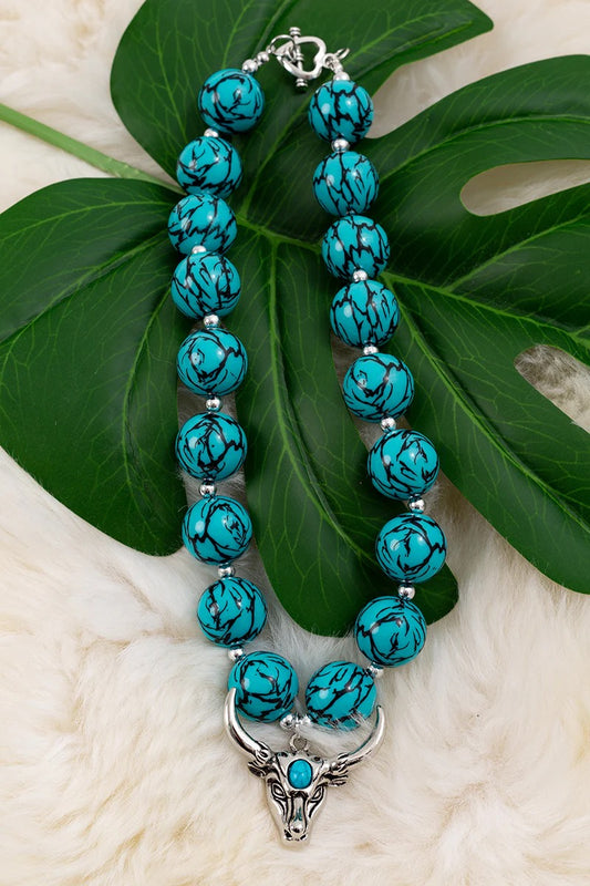 TURQUOISE PRINTED BUBBLE NECKLACE W/SKULL PENDANT