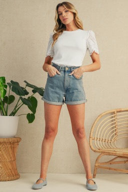 White Eyelet Pattern Puff Sleeve Patchwork Ribbed Top