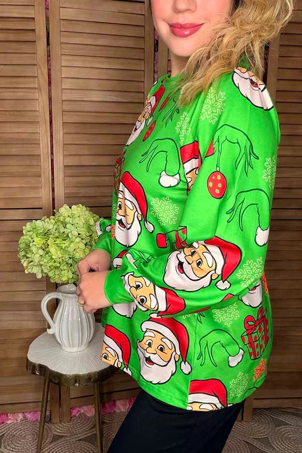 Christmas santa printed green long sleeve
