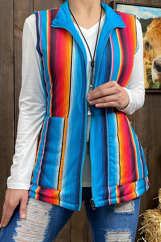 Serape/turquoise reversible zipper vest w pockets