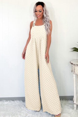 Beige Checkered Pocket High Waist Wide Leg Overall