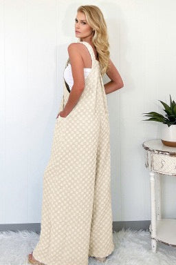 Beige Checkered Pocket High Waist Wide Leg Overall