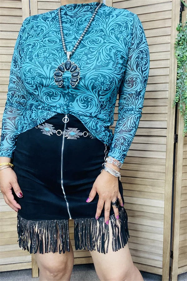 Teal/black paisley printed turtleneck long sleeve