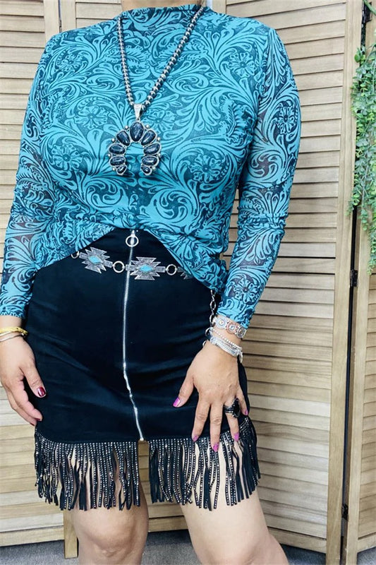 Teal/black paisley printed turtleneck long sleeve