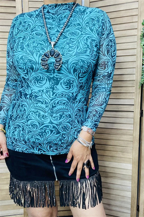 Teal/black paisley printed turtleneck long sleeve