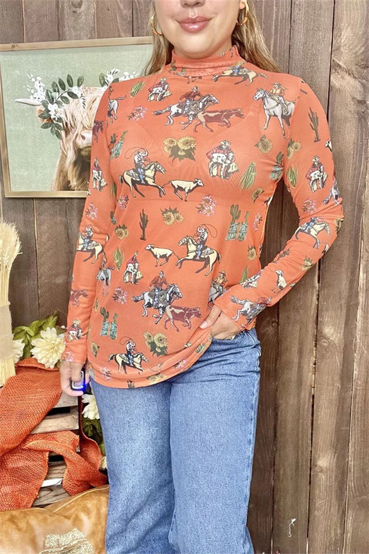 Riding horse western mesh coral top w/long sleeve