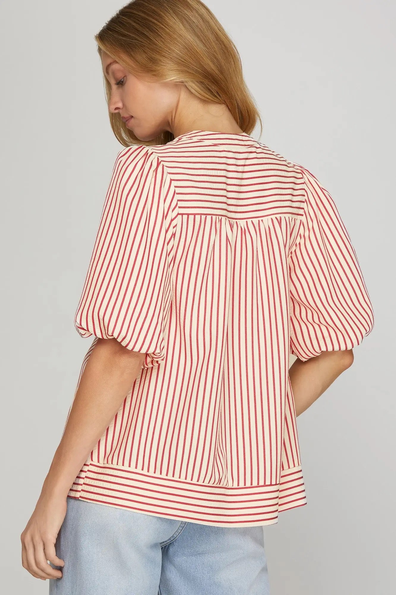 SHE+SKY BUBBLE SLEEVE STRIPED WOVEN TOP
