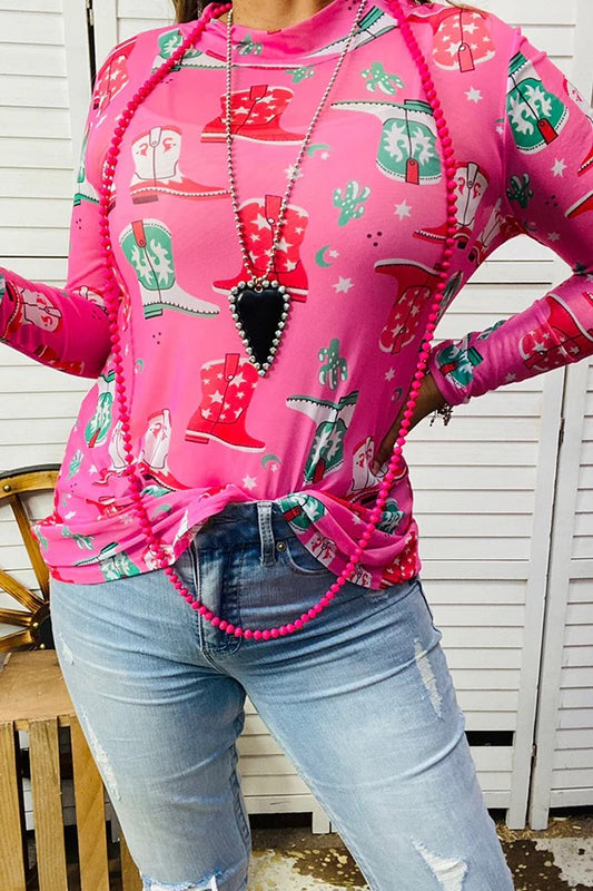 Pink western printed long sleeve top