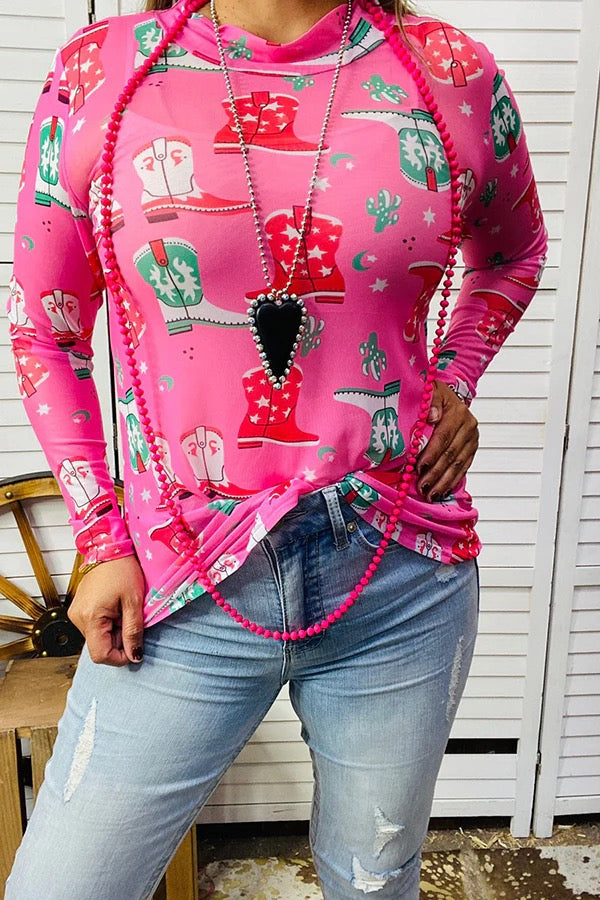 Pink western printed long sleeve top