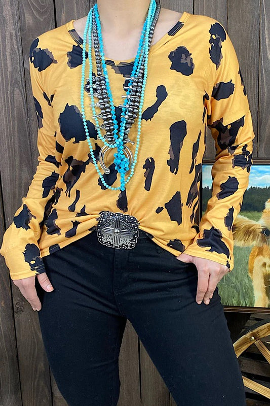 Yellow mustard leopard printed 3/4 sleeve top