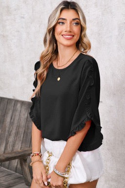 Black Frill Trim Plain Tulip Sleeve Blouse