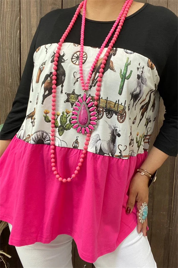 Black & western prints & fuchsia baby doll 3/4 sleeve