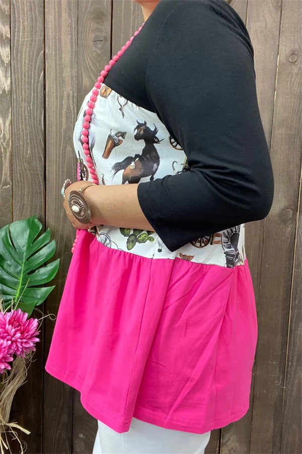 Black & western prints & fuchsia baby doll 3/4 sleeve