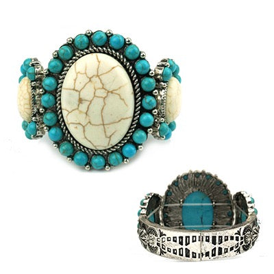 WESTERN CHUNKY STONE STRETCH BRACELET - WHITE/TURQUOISE