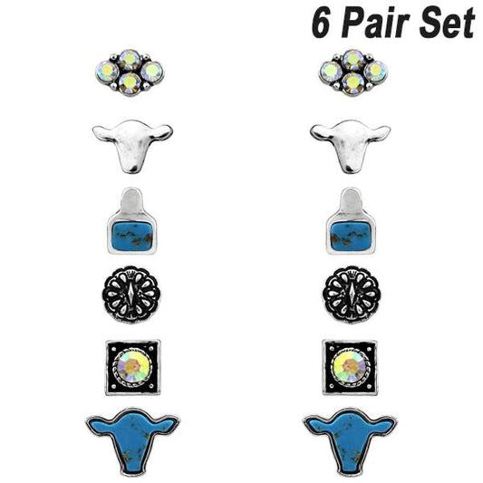 6PCS WESTERN STUD EARRINGS - TURQUOISE
